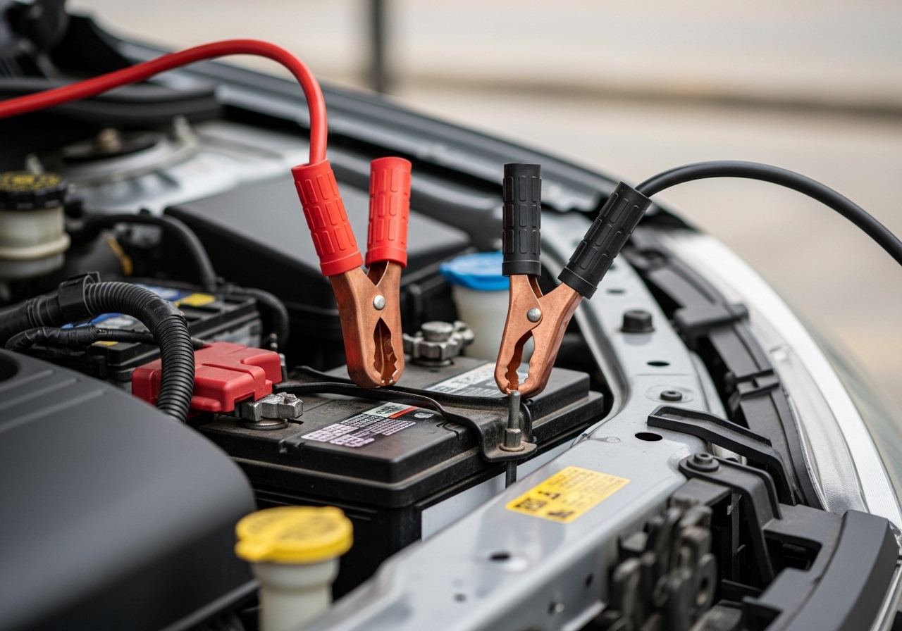 Conectar o cabo negativo no chassi, e não diretamente na bateria descarregada, reduz o risco de faíscas e danos elétricos.